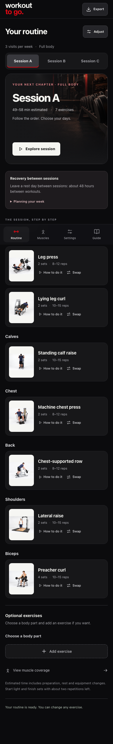 Workout to Go example screen: The routine